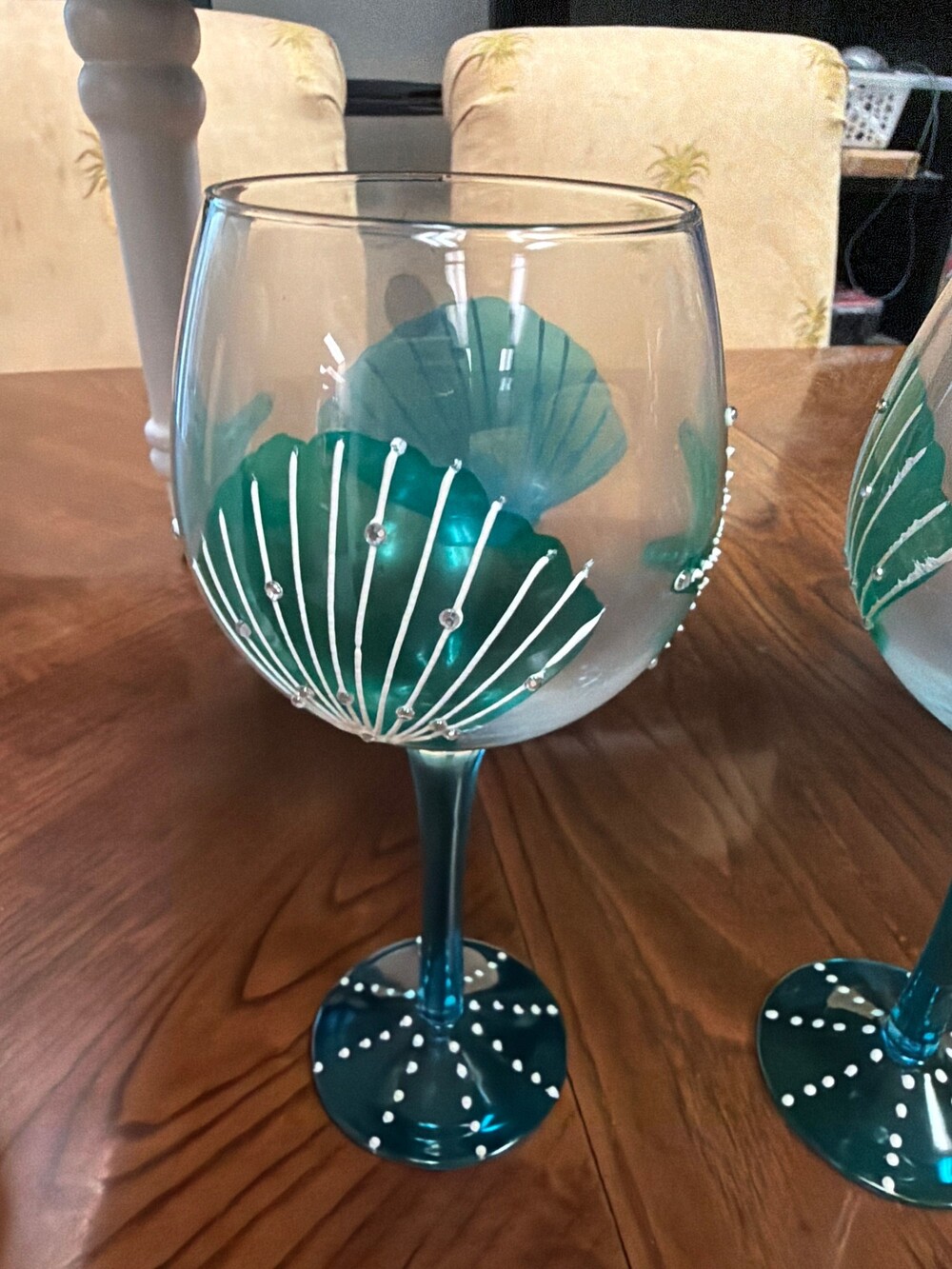 Hand Painted Seashell Wine Glass Set of 2 Teal Stemmed Glasses